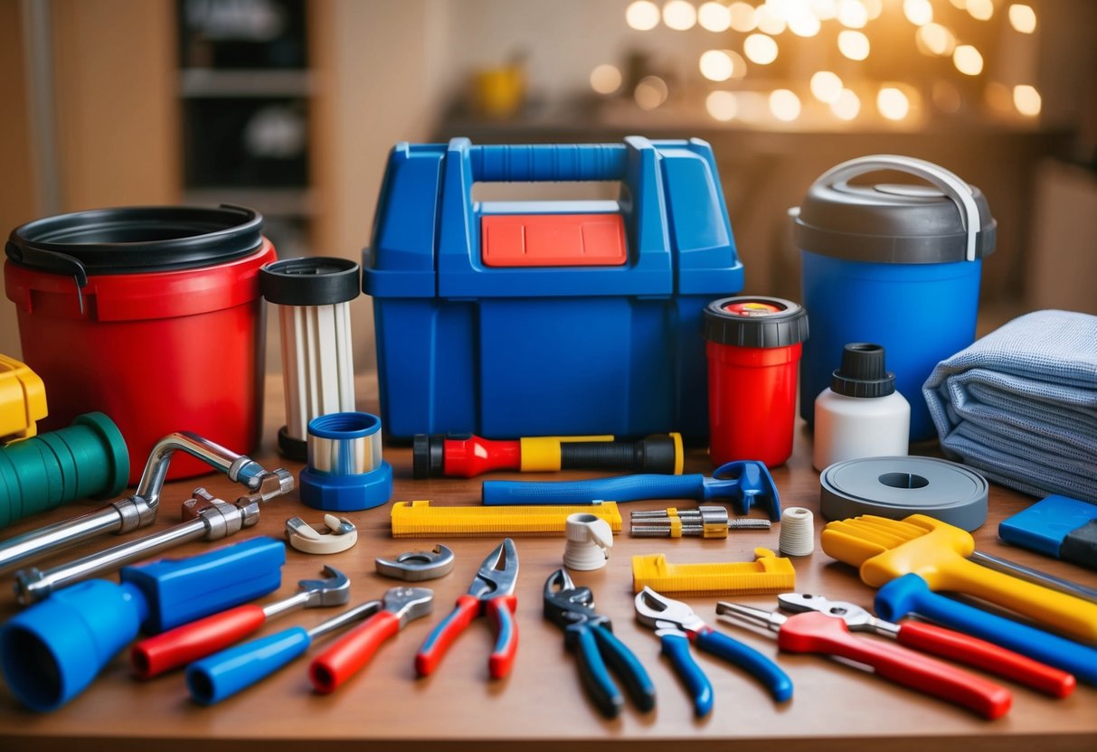 Una mesa con varias herramientas y materiales de fontanería dispuestos ordenadamente para el mantenimiento