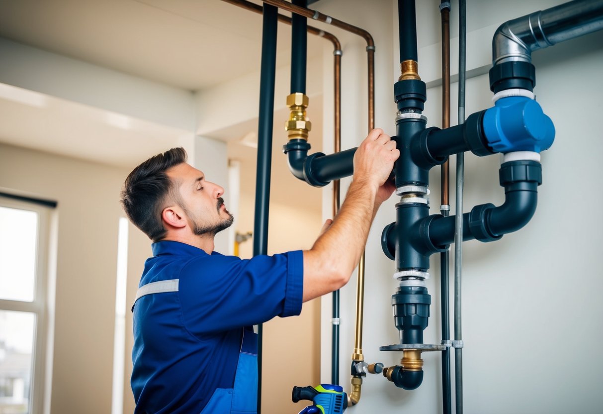 Un fontanero inspeccionando y reparando tuberías y accesorios en un edificio, utilizando diversas herramientas y equipos para el mantenimiento preventivo.
