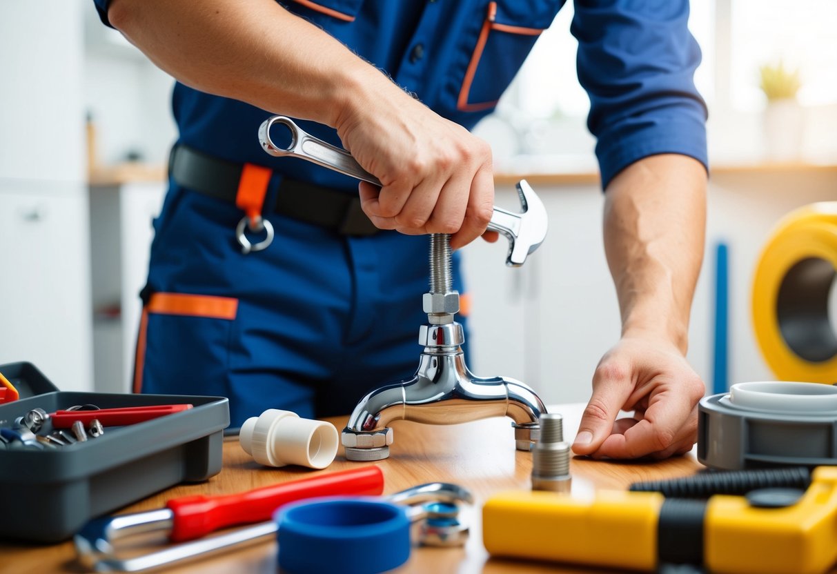 Un fontanero arreglando un grifo que gotea con una llave inglesa, rodeado de varias herramientas y piezas de fontanería.