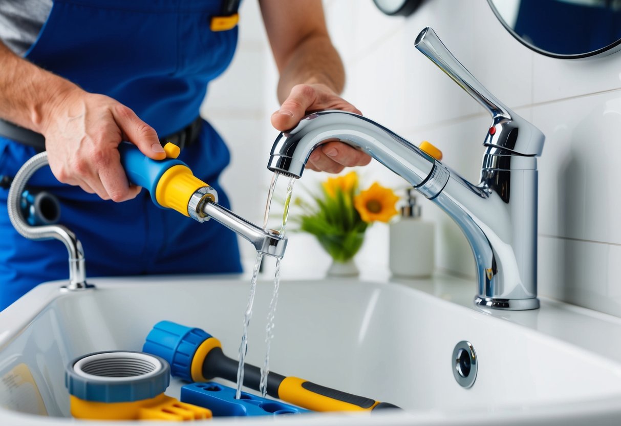 Un fontanero usando varias herramientas para reparar un grifo con fugas, mientras también instala accesorios ahorradores de agua en un baño moderno.