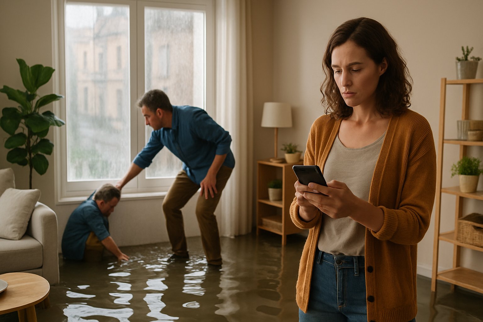 Familia preocupada dentro de una casa con agua de inundación en el suelo, inspeccionando la fuente del agua cerca de una ventana con lluvia afuera.