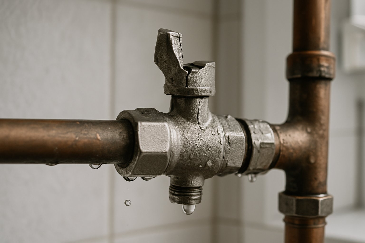 Llave de paso rota con gotas de agua en una tubería dentro de un área de plomería.
