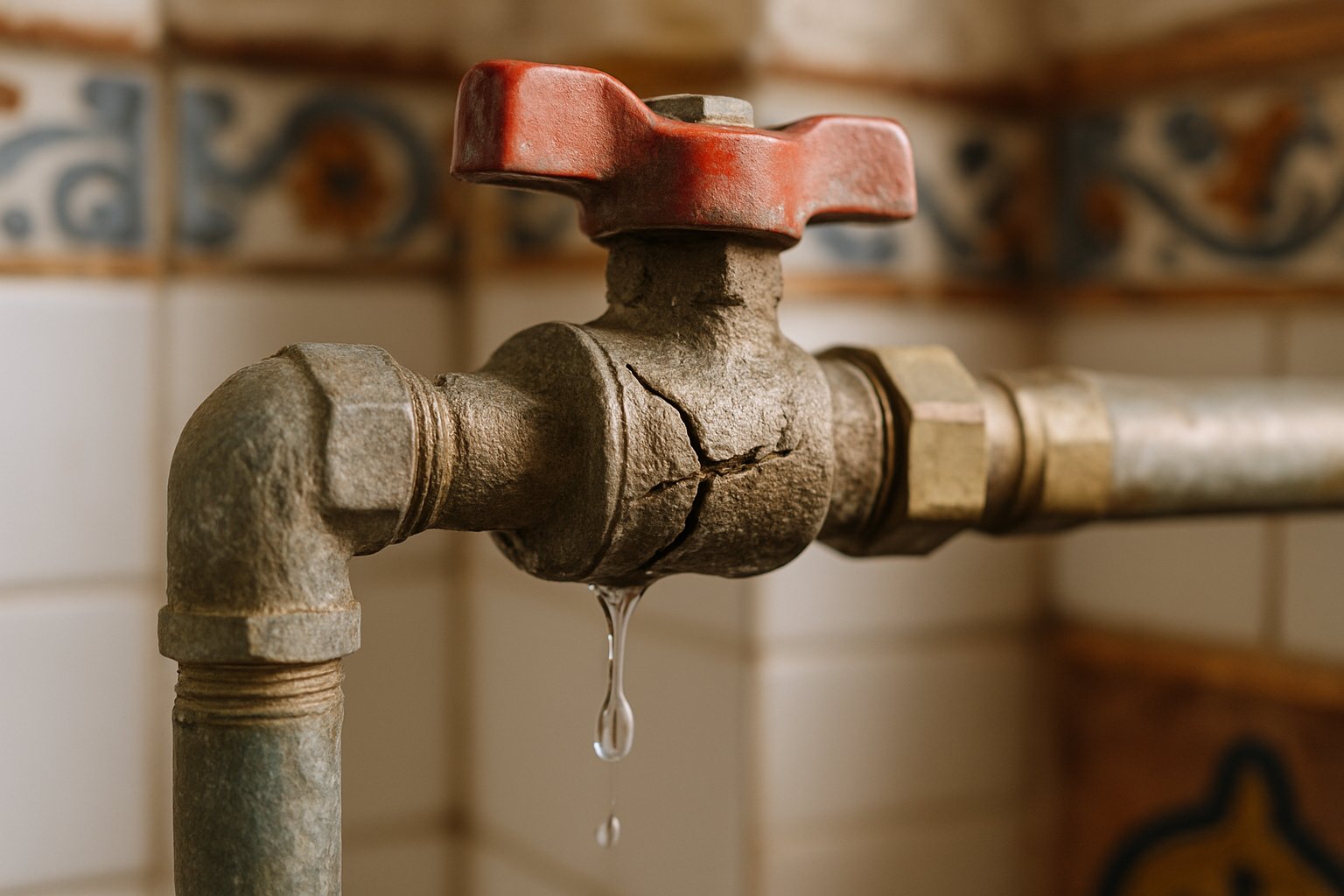 Llave de paso rota con fugas de agua en una tubería dentro de una casa típica de Sevilla.