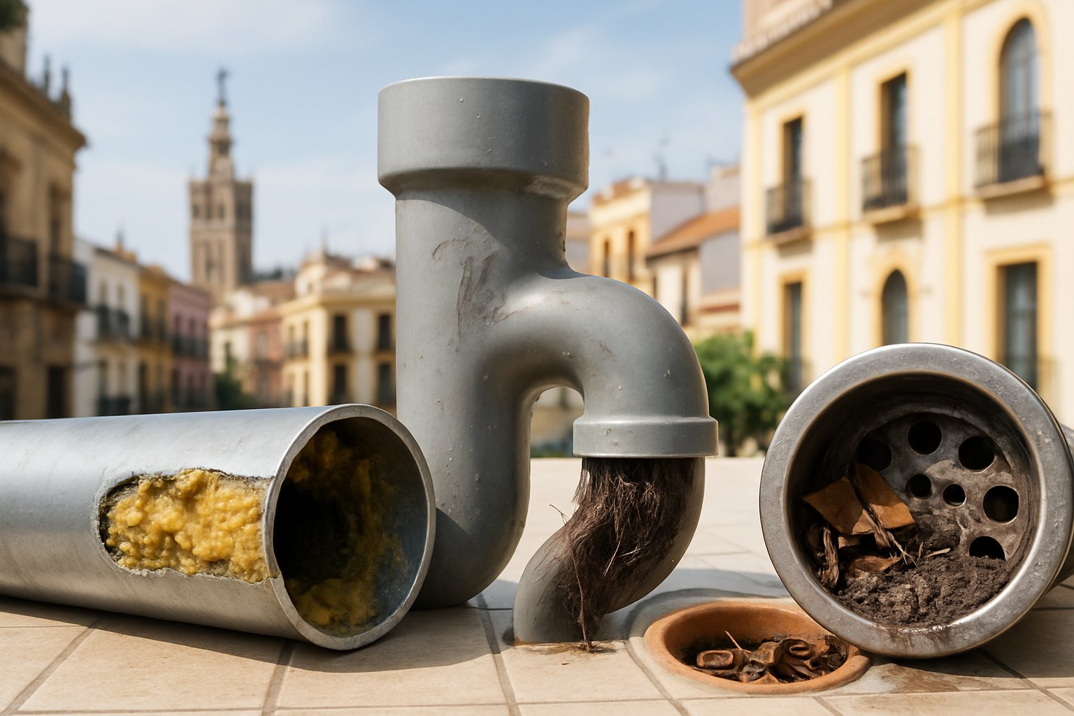 Tuberías con diferentes tipos de atascos causados por suciedad, grasa y hojas en el centro de Sevilla.