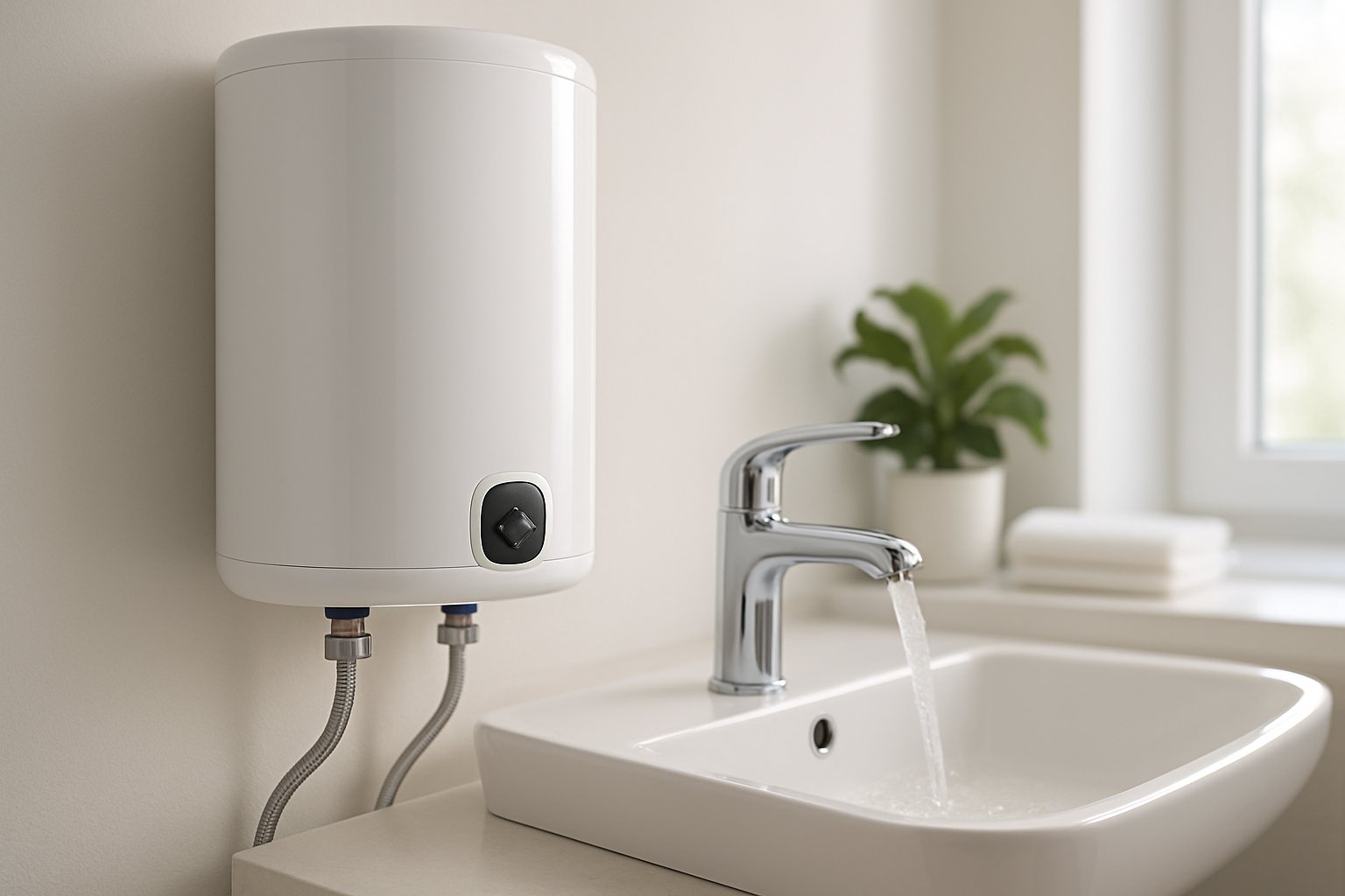 Un calentador termo eléctrico moderno instalado en un baño limpio y luminoso junto a un lavabo con agua corriendo.