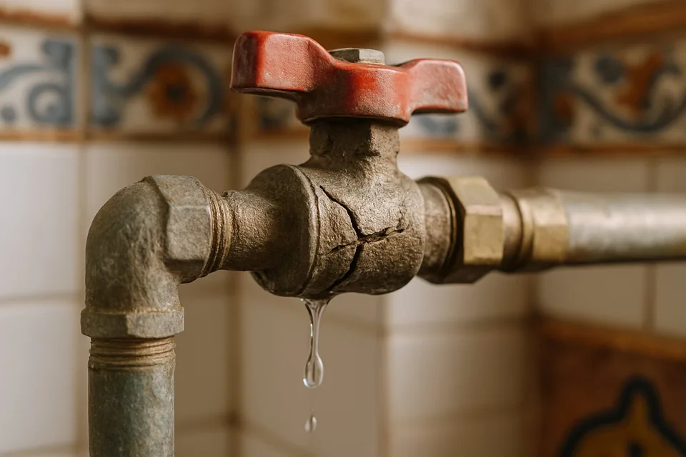 Llave de paso rota con fugas de agua en una tubería dentro de una casa típica de Sevilla.