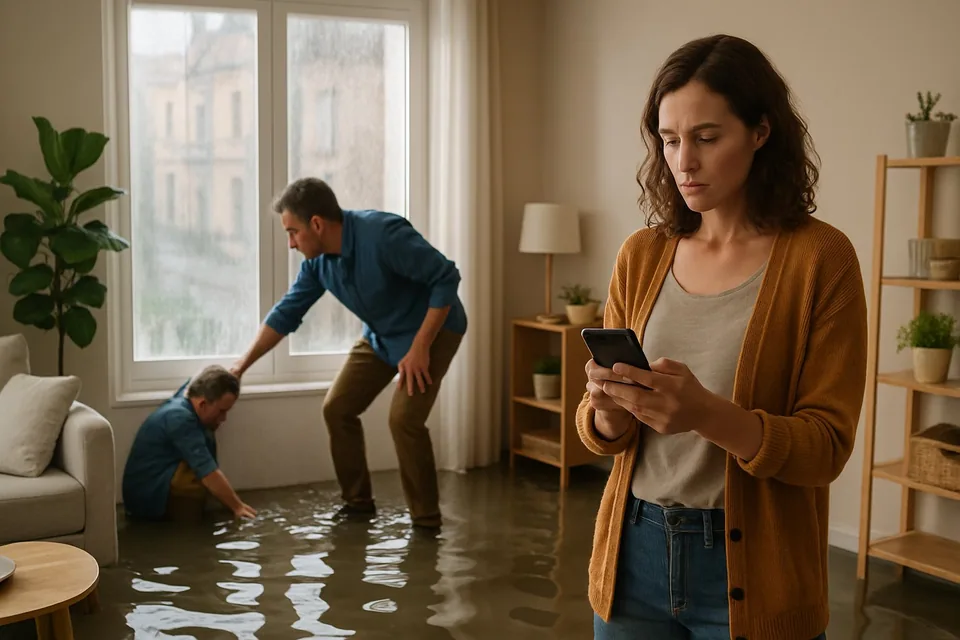 Familia preocupada dentro de una casa con agua de inundación en el suelo, inspeccionando la fuente del agua cerca de una ventana con lluvia afuera.