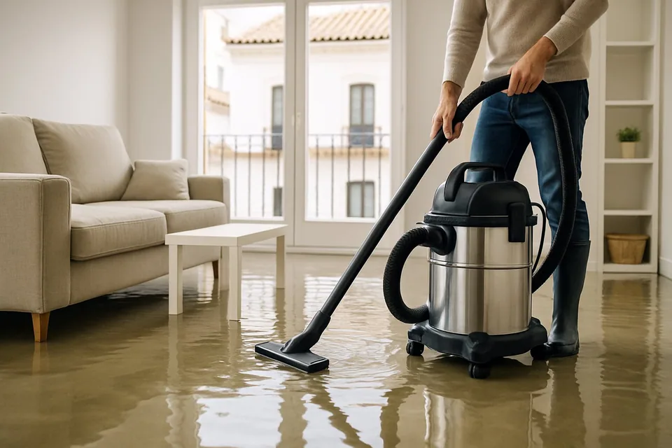 Interior de una casa inundada parcialmente con una persona usando una bomba para extraer agua estancada.