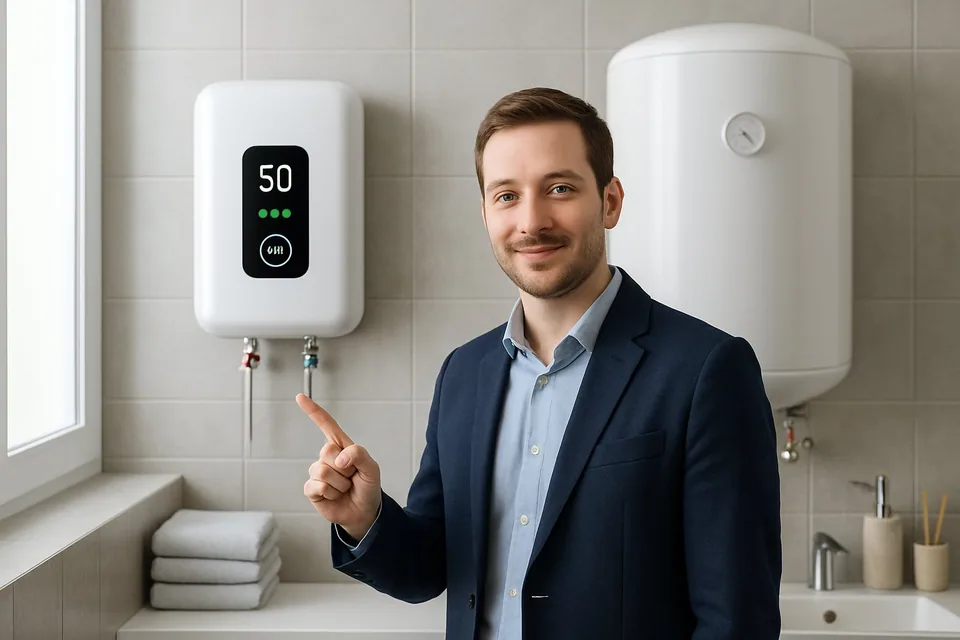 Un baño moderno con un termo eléctrico montado en la pared junto a un calentador tradicional, con una persona señalando el termo eléctrico.