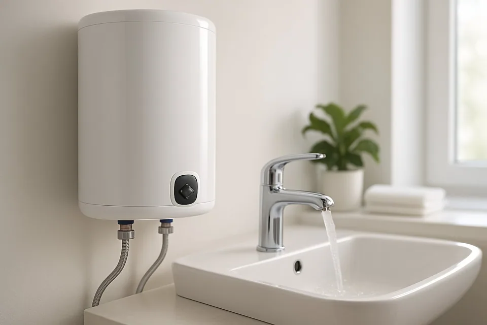 Un calentador termo eléctrico moderno instalado en un baño limpio y luminoso junto a un lavabo con agua corriendo.