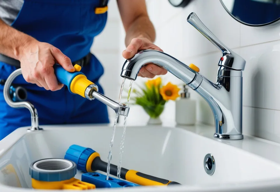 Un fontanero usando varias herramientas para reparar un grifo con fugas, mientras también instala accesorios ahorradores de agua en un baño moderno.