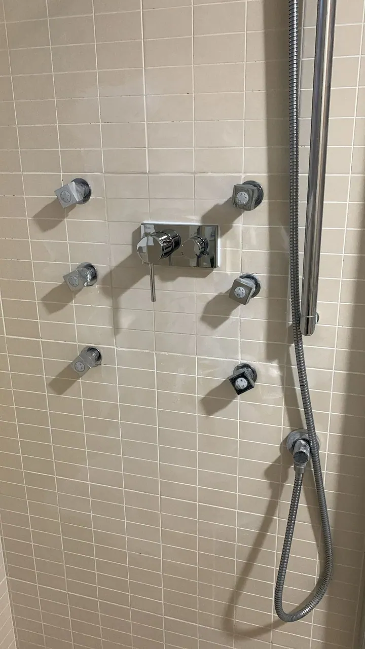 Grifería de ducha montada en una pared alicatada