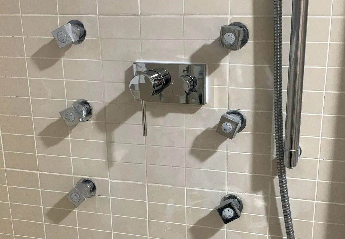 Grifería de ducha montada en una pared alicatada